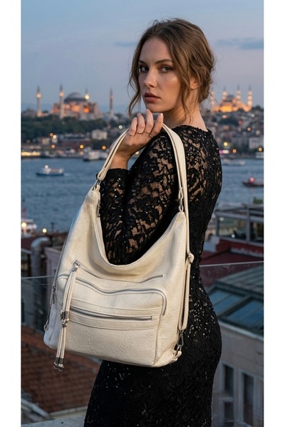 KIRASE Casual Front Pocket Cream Color Soft Leather Multi-Section Large Size ...