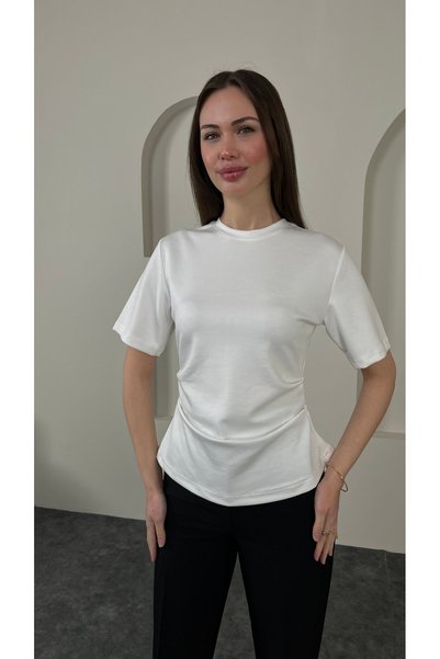 sahraozluk Crew Neck Side Ruffle Detail T-Shirt White