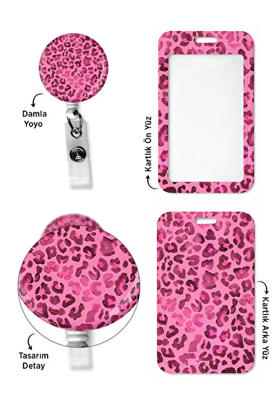 StormiStoretr 3 lü Pembe Leopar Baskılı Dikey Kart Koruyucu Boyun Askı ipi Yoyo yaka kartı