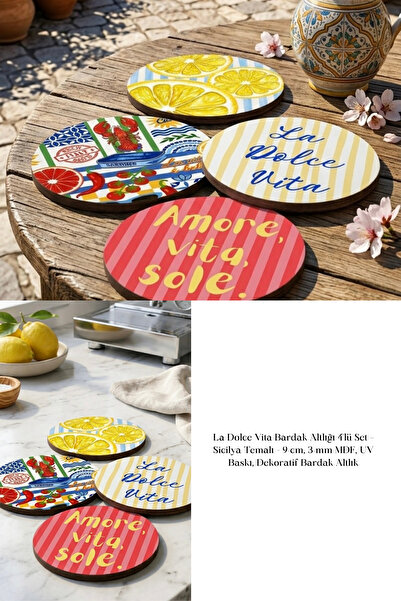 Generic Brand La Dolce Vita Coaster Set of 4 – Sicily Themed – 9 Cm, 3 mm Mdf, Uv Printing, Decorative Coaster