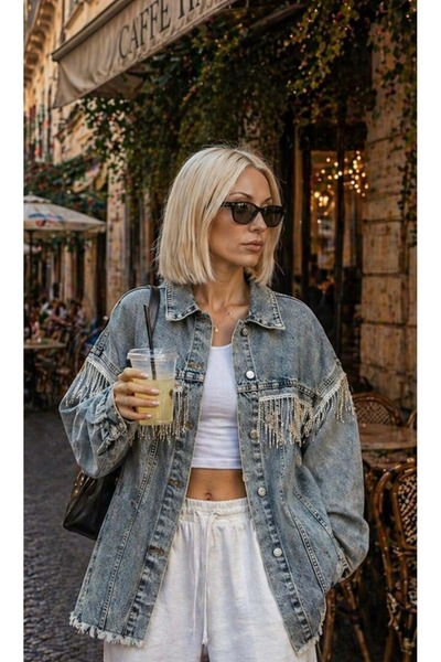 ibeeka Πέτρινο κρεμαστό παλτό τζιν με λεπτομέρειες πλυσίματος / Τζιν Παλτό Νέ...