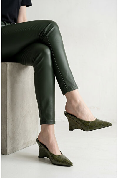 HANZE Women's Slippers Green Pointed Toe Wedge Heel New Season D4317