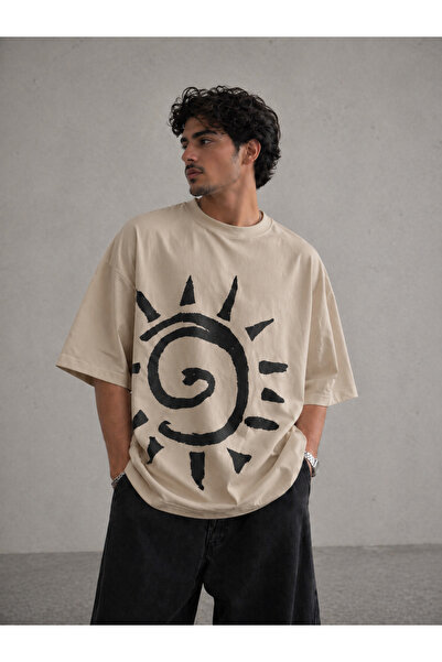 Nulivez Minimal Sun Print Oversize Unisex T-Shirt Retro Streetwear Design