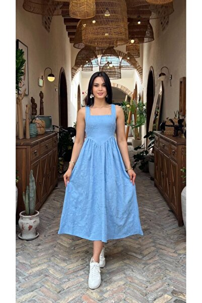 asyadabutik Γυναικείο Μακρύ Φόρεμα με Χοντρές Τιράντες και Κεντημένο Λινό Ύφασμα