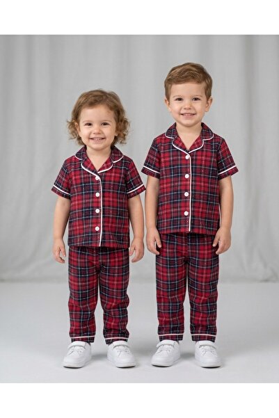 Ege Bebek Καλοκαιρινό καρό καρό εμπριμέ σετ πιτζάμες με διπλό γιακά για ηλικί...