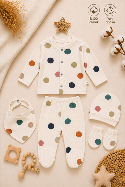 Tifina Kids Unisex Newborn Baby Organic 100% Cotton Polka Dot 5-Piece Baby Se...