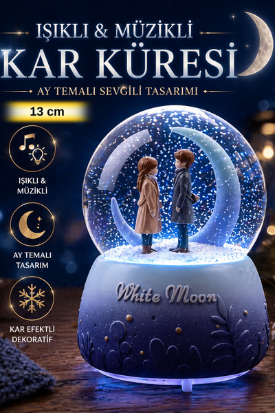 Tamsena Store Pilli Işıklı Müzikli Sevgili Temalı Ay Figürlü Kar Küresi Dekor...