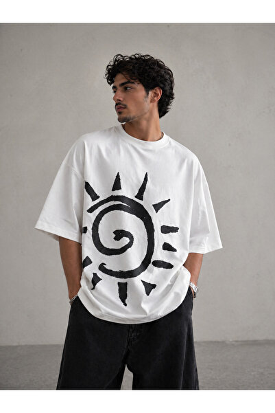 Nulivez Minimal Sun Print Oversize Unisex T-Shirt Retro Streetwear Design