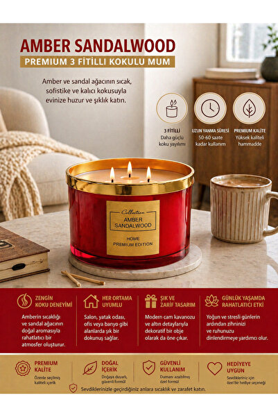 SeBeLLaCoS Premium 3 Fitilli Amber & Sandal Ağacı Kokulu Mum – Uzun Süreli Yanış