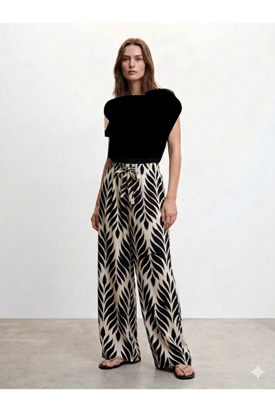Hazinedan Γυναικείο παντελόνι με σχέδια, ελαστική μέση και υφαντό κορδόνι