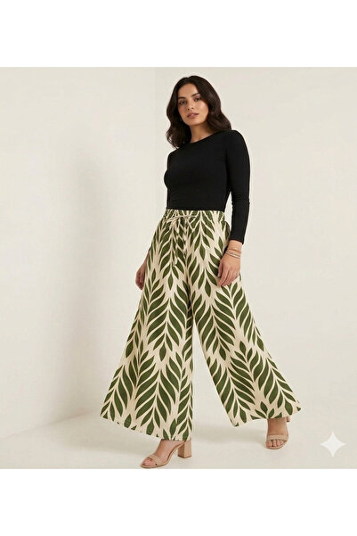 Hazinedan Γυναικείο παντελόνι με σχέδια, ελαστική μέση και υφαντό κορδόνι