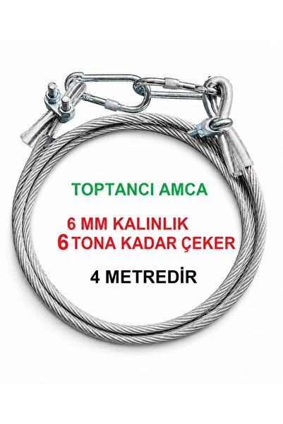 Toptancı Amca 6 Ton Çekme Kapasiteli Çelik Halat 6 mm 4 m Kancalı Araç Halatı...