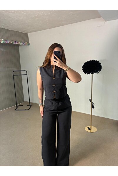 Dik Yakalı Süs Düğme Detaylı Crop Bluz&Beli Lastikli Pantolon Füme Renk İkili Takım