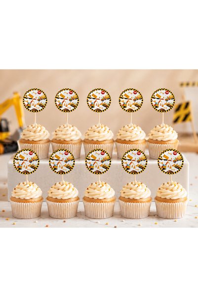LİYA3D 10-Piece Construction Themed Cake Picks Construction Vehicle Cupcake Decoration Scoop Truck Birthday Ornament