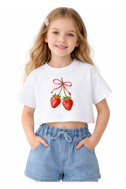 Neva Baby Boutique Fruit Printed Girls' White 100% Cotton Crew Neck Oversize Basic Crop T-Shirt (7-14 Years)