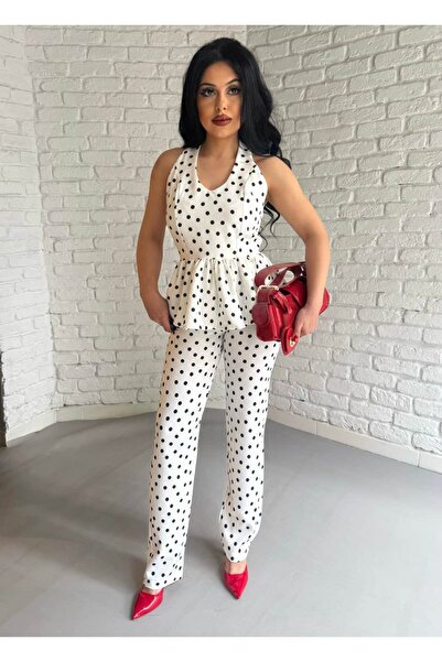 moneta boutique Γυναικείο σετ μπλούζας και παντελονιού με πουά σχέδιο και βολάν