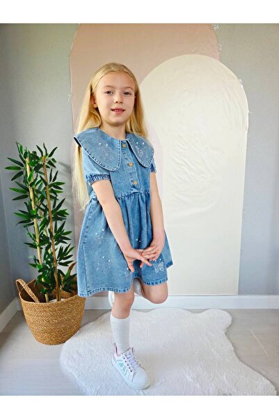Butik Girl's 100% Cotton Denim Gilet Dress with Butterfly Embroidery and Pear...