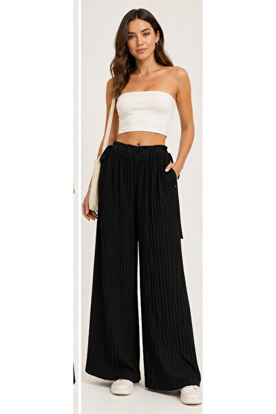 memetti m şekil Γυναικείο μαύρο παντελόνι σιφόν με πλισέ μέση και ελαστικό μέ...