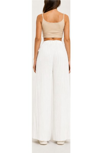 memetti m şekil Women's White Pleated Elastic Waist Wide Leg Chiffon Trousers