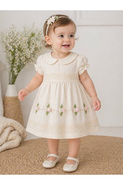 Pure Boutique Κρεμ βαμβακερό φόρεμα με φλοράλ κέντημα και συμπεριλαμβανόμενο ...