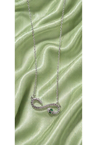 Sylvera Shop Green Stone Snake Design Steel Necklace (Silver Color)