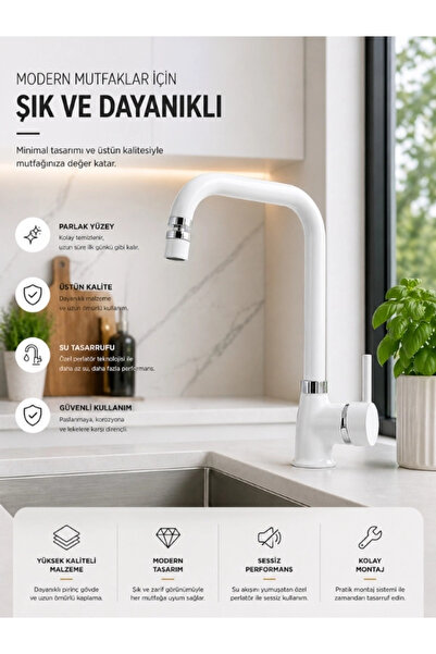 Fualora White Chrome Detailed Kitchen Faucet – Modern Sink Faucet with Swivel...