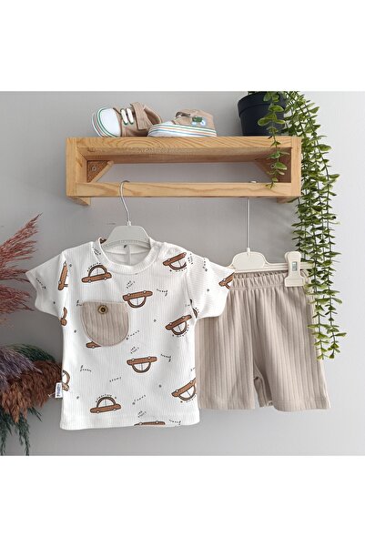 minilkabebe Arabalı Cep Detaylı 2 li Penye Fitilli Bebek Takım 9/12/18 Ay Vizon