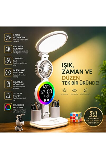 TechTic LED Masa Lambası Yuvarlak Başlı Fanlı Saatli 3 Renk RGB Işıklı Dimmer...