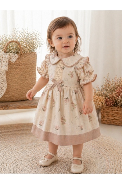 Pure Boutique Rochita fetite crem din bumbac cu imprimeu floral si guler elegant