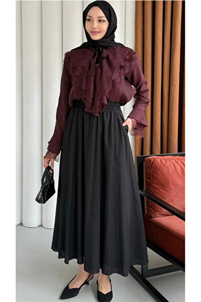 DEFNECE BUTİK Hera Lace and Ruffle Detailed Shirt - Burgundy