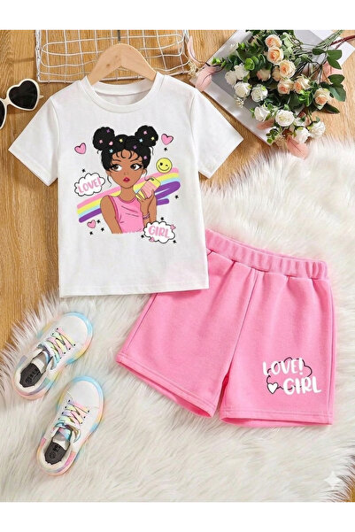 Kids Summer Girl Casual Shorts Set White and Pink
