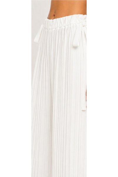 memetti m şekil Women's White Pleated Elastic Waist Wide Leg Chiffon Trousers