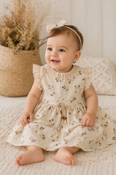 Pure Boutique Rochita fetite din muselina crem cu imprimeu floral si dantela ...