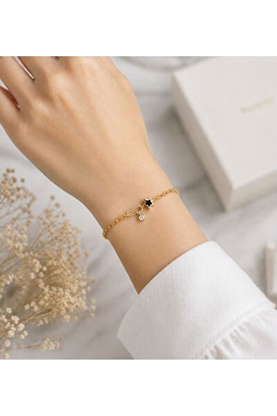 Belasso Steel Gold Color Black Color Enamel Star Figured Women's Bracelet