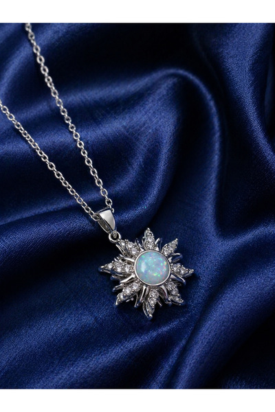 Sylvera Shop Shiny Stone Rotating Tip Sun Steel Necklace - White Stone (Silve...
