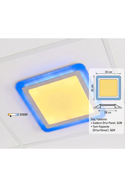 CNL Kare Sıva Altı Led Spot Aydınlatma 36 WATT Çift Renk 3 Kademe Mavi Günışı...
