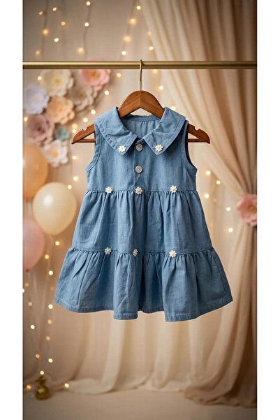 mutlu bebe bulvar Kız Bebek Papatya Nakışlı Kot Elbise - Yumuşak Denim %100 P...