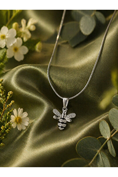 Sylvera Shop Steel Necklace with Sparkling Stone and Bee Figure (Silver Color)