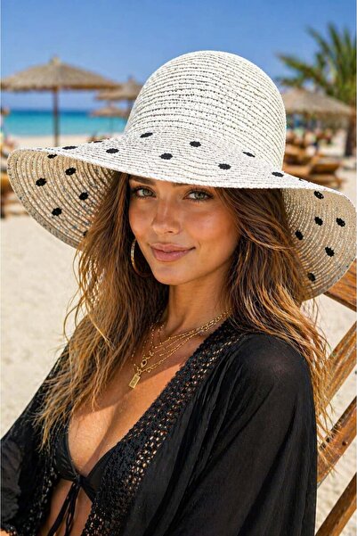 BALIENTE Λευκό πουά φαρδύ στρογγυλό ψάθινο γυναικείο καπέλο