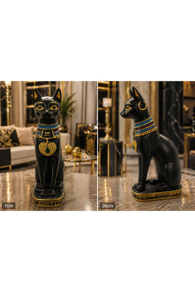 Efe Antik Mısır Bastet Kedi Biblo – 26 cm Siyah Gold Detaylı Dekoratif Obje (...