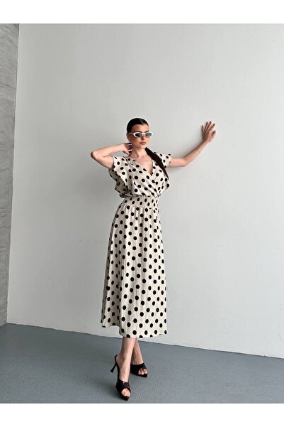 Bella Breeze Γυναικείο Μίντι Φόρεμα Πουά με V-λαιμόκοψη και Ελαστική Μέση, Κο...