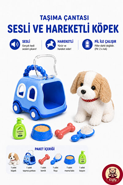giffy Oyuncak Köpek Taşıma Çantalı Sesli Hareketli Pilli, Emekleme Oyuncağı A...