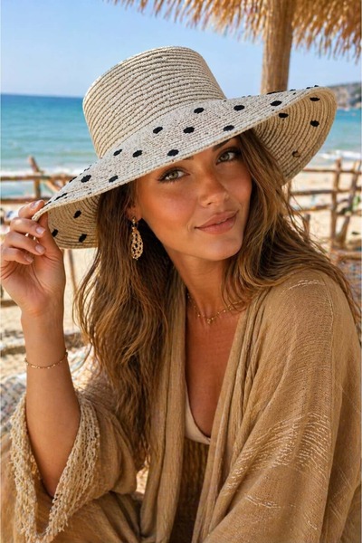 BALIENTE Μπεζ πουά φαρδύ στρογγυλό ψάθινο γυναικείο καπέλο