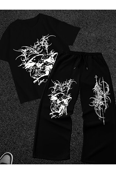 macklin Unisex Kadın Erkek Cross Deisgn Mix Baskılı Oversize Tshirt ve Baggy ...