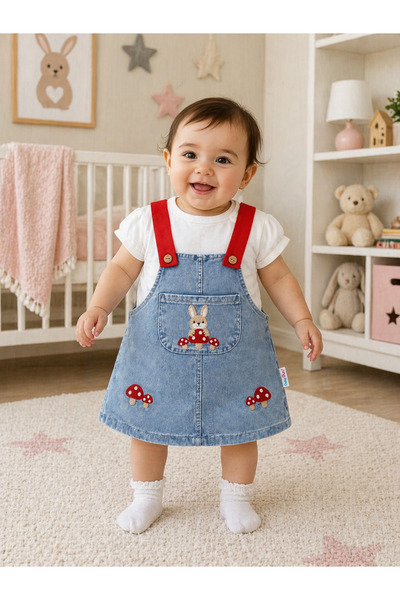 Baby Buu BAÇ-Kız Çocuk kırmızı Mantar Nakış Detaylı ön cepli salopet kot elbi...
