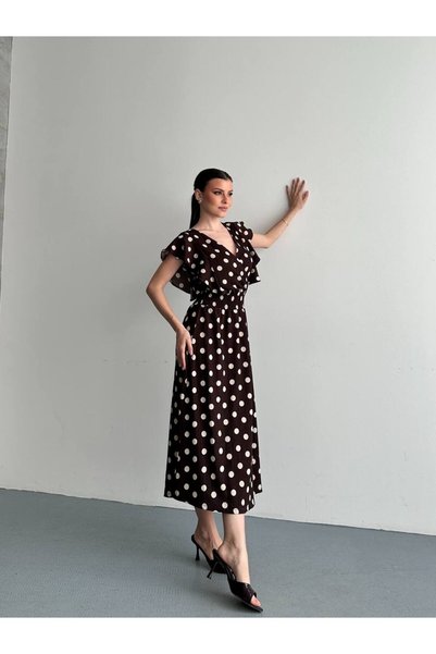 Bella Breeze Women's Polka Dot Midi Dress V-Neck Elastic Waist Stylish Casual Summer Dress