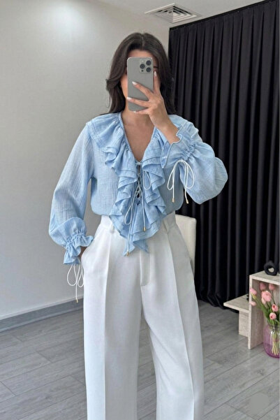 Lovely butik KADIN FIRFIRLI BAĞLAMALI BLUZ VOLAN KOL ŞIK KRUVAZE BLUZ