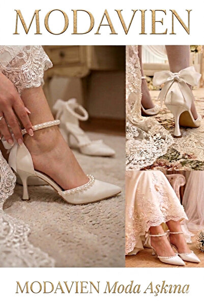 Modavien Γυναικεία νυφικά παπούτσια 7 εκ. εκρού με πέρλες και φιόγκο