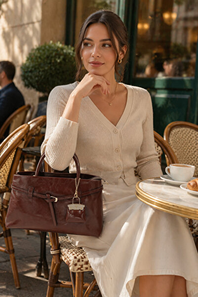 Moda Lime Καφέ κομψή γυναικεία τσάντα χειρός και ώμου με μεταλλικά αξεσουάρ, ...