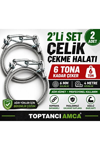 Toptancı Amca Araç Çekme Halatı 6 Ton 2’li Set Çelik Halat 6 mm 4 Metre Trafi...